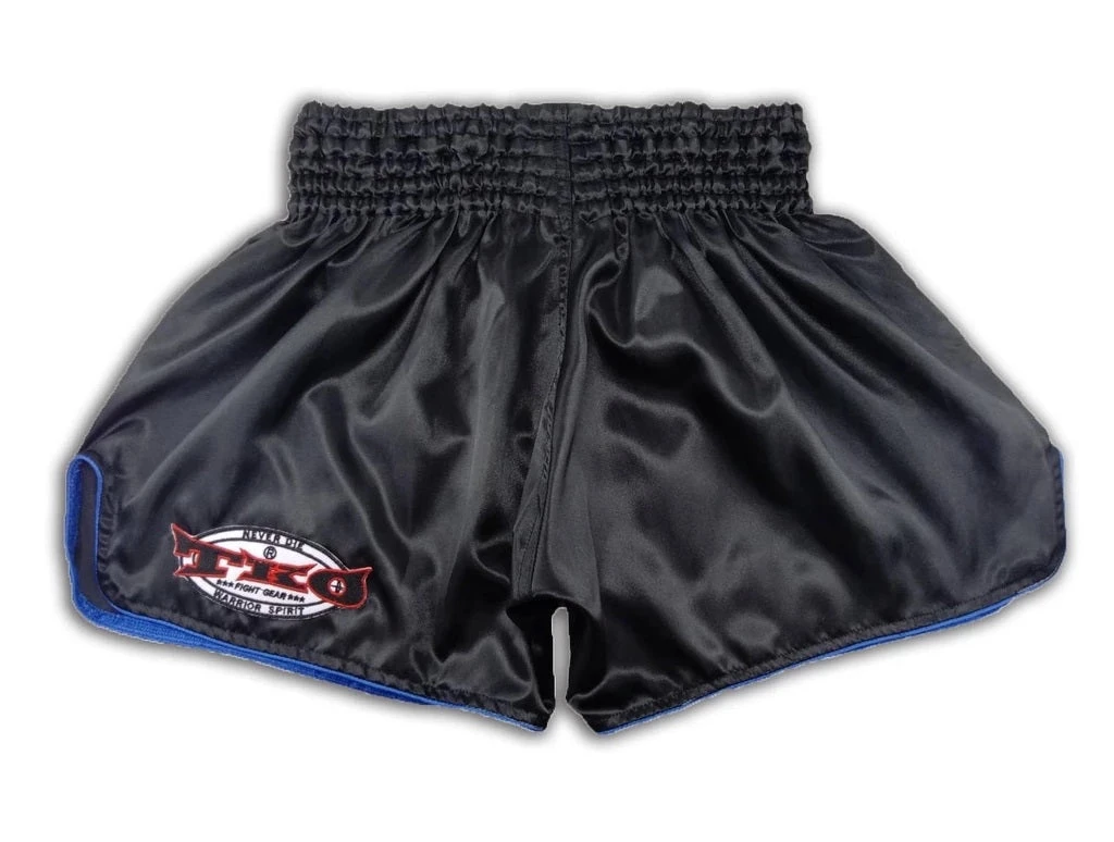 Arwut Classic Black Muay Thai Shorts Blue Trim 4 Arwut Classic Black Muay Thai Shorts Blue Trim