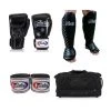 Fairtex Package 5: Black Gloves + Shin Guards + Gear Bag + Hand Wraps Muay Thai 1 Fairtex Package 5: Black Gloves + Shin Guards + Gear Bag + Hand Wraps Muay Thai