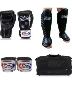 Fairtex Package 5: Black Gloves + Shin Guards + Gear Bag + Hand Wraps Muay Thai
