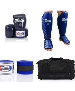 Muay Thai Fairtex Package 3: Blue Gloves + Blue Shin Guards + Black Gear Bag + Blue Hand Wraps